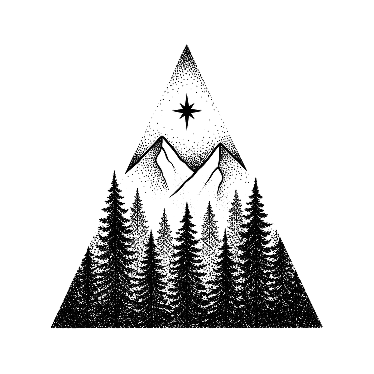 An eight-point star crowns two mountain peaks and dense evergreen trees inside a stippled upright triangle.