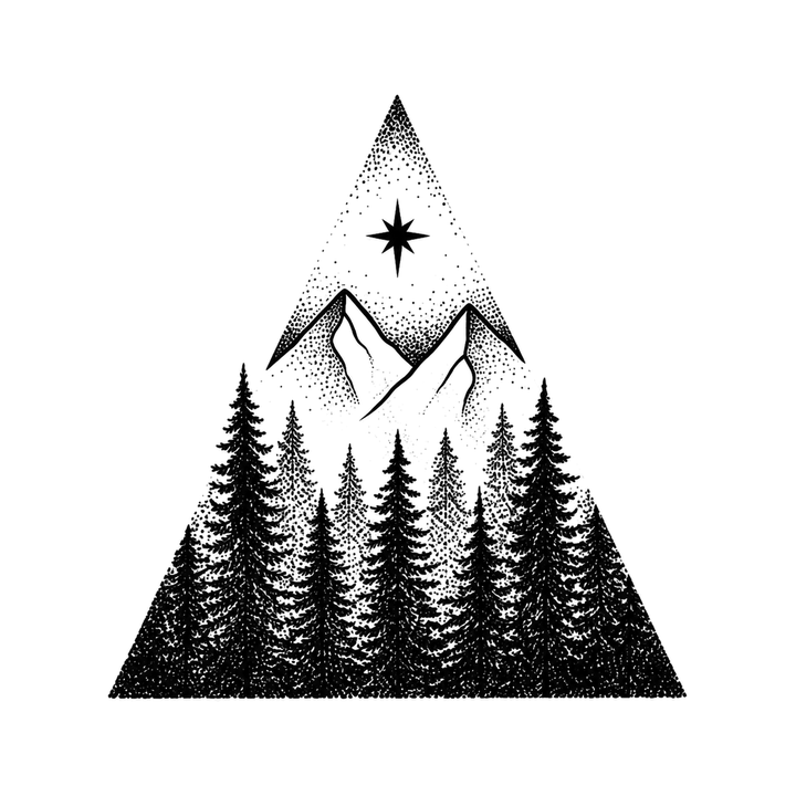 An eight-point star crowns two mountain peaks and dense evergreen trees inside a stippled upright triangle.