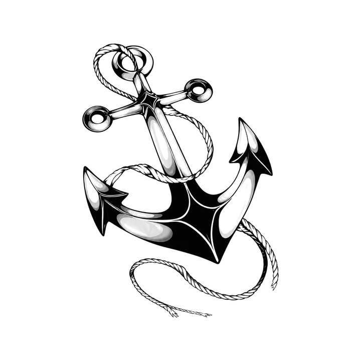 A heavy anchor with a top ring and pointed flukes is wrapped by a looping rope with one curling loose end.