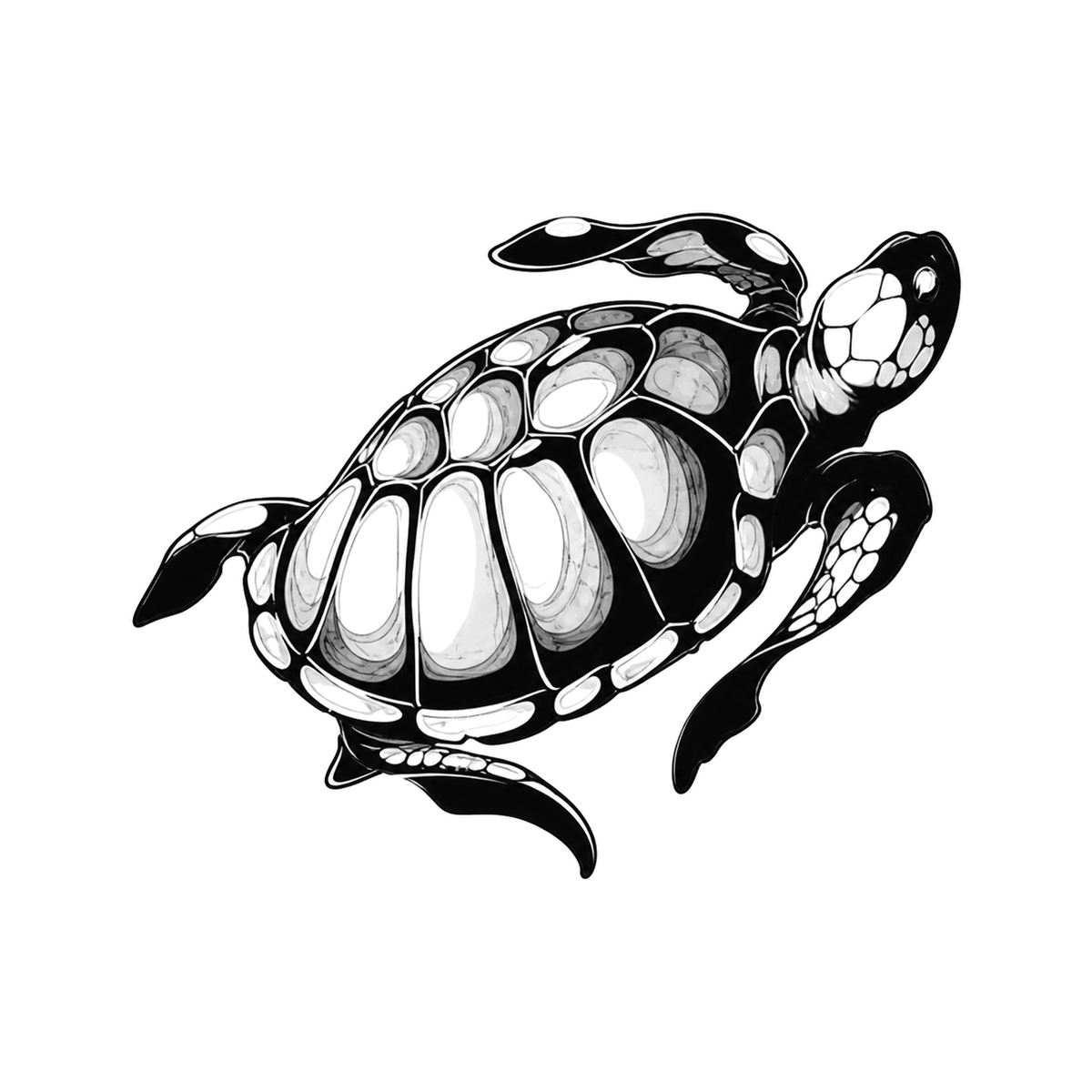 A sea turtle swims diagonally with a segmented oval shell, a small scaled head, and four paddle-shaped flippers.