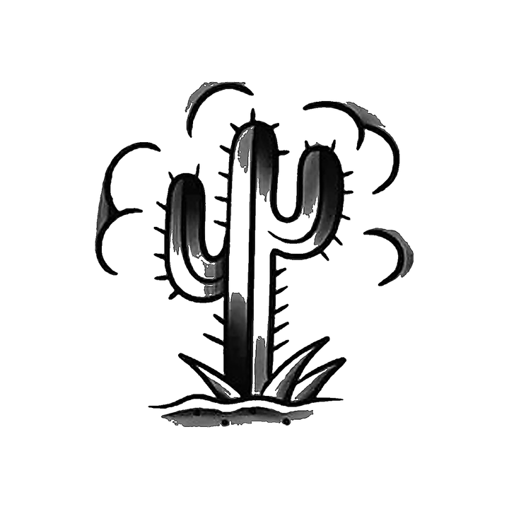 A two-armed cactus grows from a small ground patch, surrounded by several curved wind or motion lines.