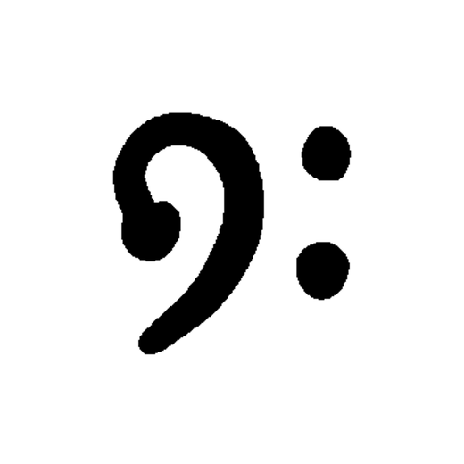 A solid black bass clef consists of a thick curved hook and two vertically stacked dots on the right.