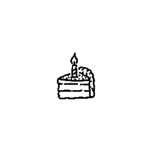 A layered birthday cake slice has a single lit candle on top and wavy frosting along its outer edge.