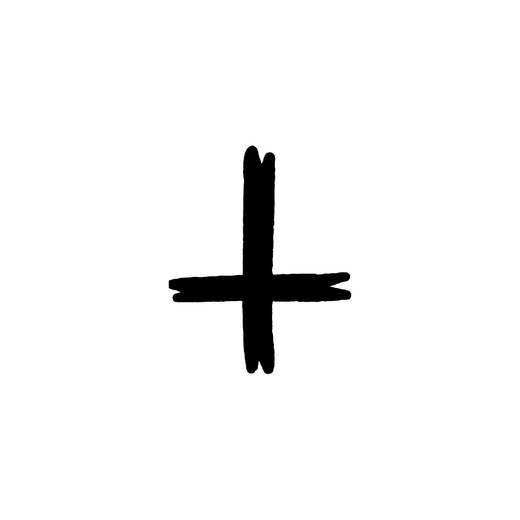 A rough black cross or plus sign has a long vertical stroke crossed by a shorter horizontal stroke.