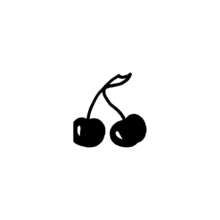 Two solid black cherries are joined by curved stems and a single leaf, with white highlights on the fruit.