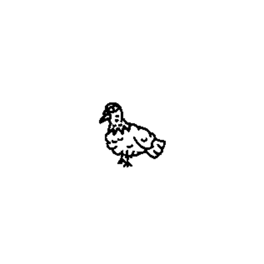 A small hen stands in profile with a round eye, short beak, wing, layered feathers and two feet.