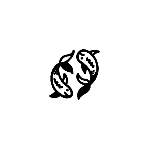 Two patterned koi-like fish swim head to tail in opposite directions to form a near-circular yin-yang arrangement.