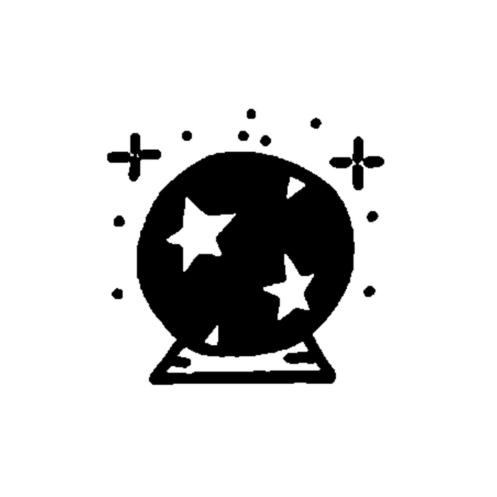 A dark crystal ball on a triangular base contains two white stars and is surrounded by cross sparkles and dots.