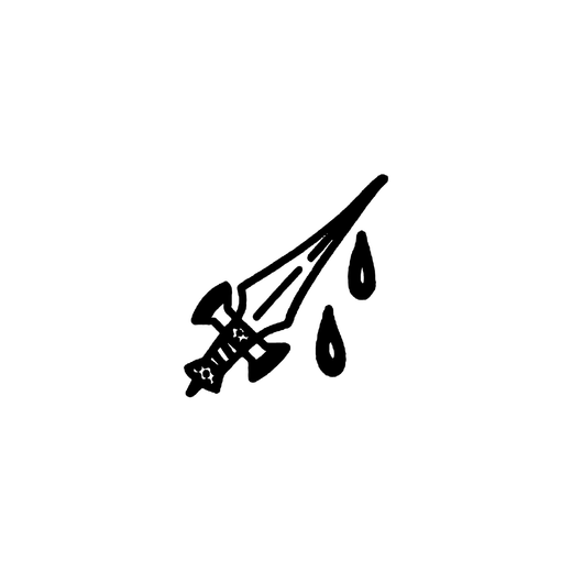 A slender dagger angles up to the right with a cross-patterned handle and two dark drops falling beside the blade tip.