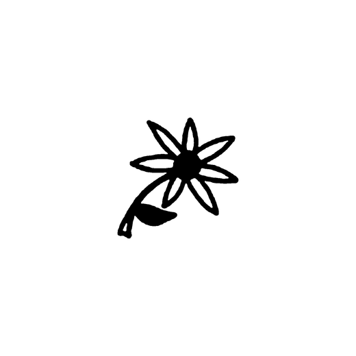 A small angled flower has six pointed petals around a dark round center and one leaf on its short curved stem.