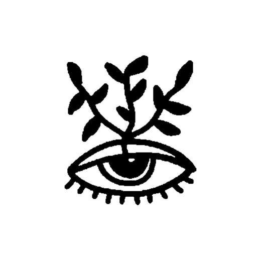 A front-facing eye with upper and lower lashes has a dark semicircular iris and branching leafy stems growing above it.