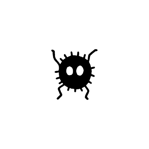 A round fuzzy black bug has two white eyes, short hairs, two antennae and four thin legs.