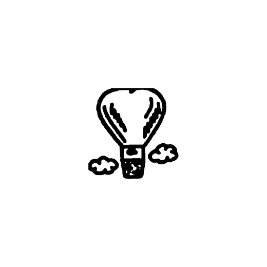 A small hot-air balloon floats between two clouds, with a broad envelope above a patterned square basket.