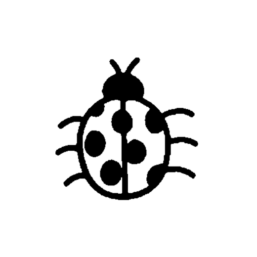 A front-facing ladybug has divided wing cases with dark spots, two short antennae and three legs on each side.