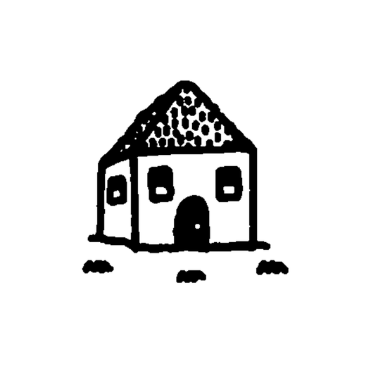 A small front-facing house has a high pitched roof filled with scale-like tiles, three windows and a central arched door.