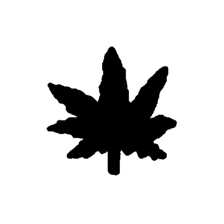 A solid black cannabis leaf silhouette has a tall central leaflet and multiple serrated side leaflets.