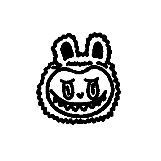 A round monster mask or badge has two rabbit-ear-like projections, drooping eyes, a small nose and a row of pointed teeth.