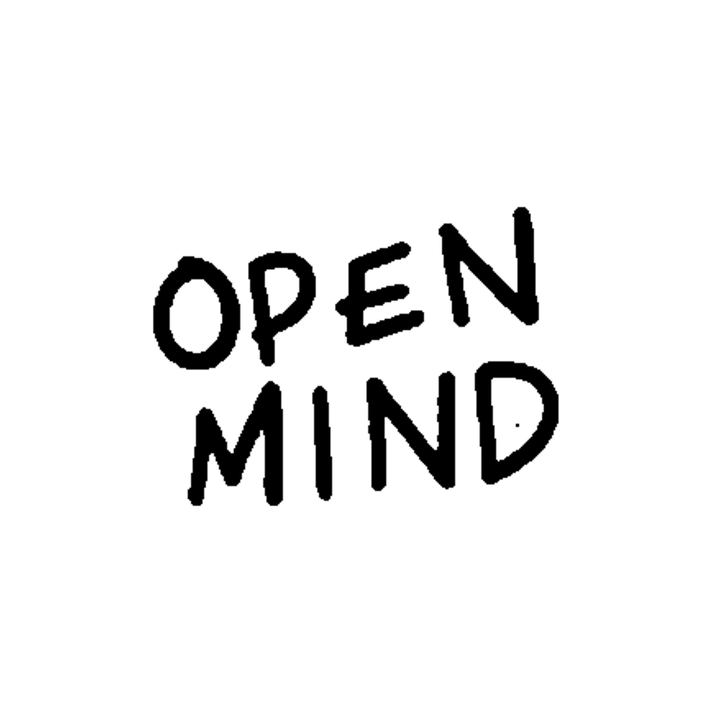 OPEN MIND appears on two lines in rough, irregular uppercase lettering.