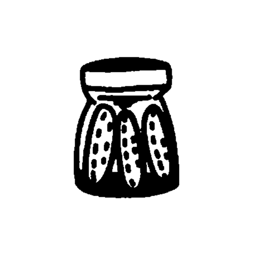 A wide-lidded glass jar contains three upright pickles covered in dotted texture.