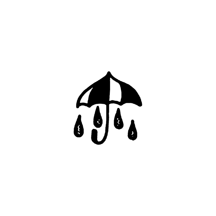 An open umbrella has four falling raindrops below, alternating dark and light canopy panels and a curved central handle.