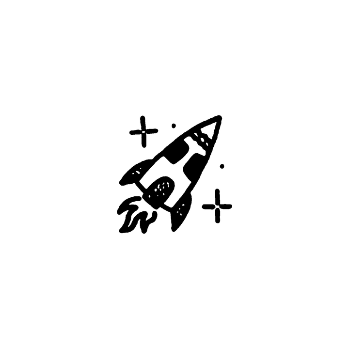 A rocket launches diagonally upward with three exhaust flames, two cross sparkles and small dots around it.