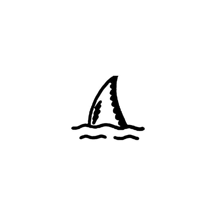 A curved triangular shark fin rises above the water with one wave line on each side.