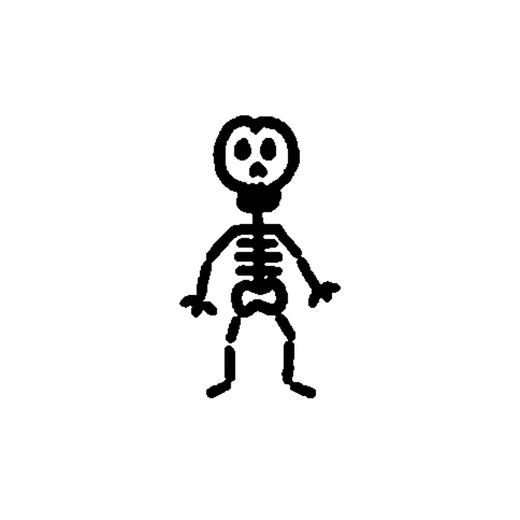 A small front-facing skeleton stands with a round skull, eye sockets, nasal opening, rib cage, pelvis and simple limbs.