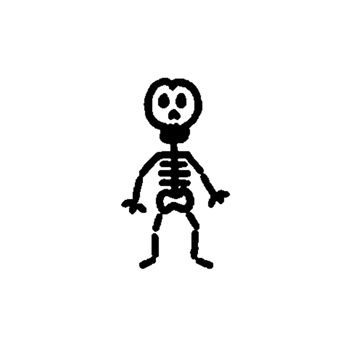 A small front-facing skeleton stands with a round skull, eye sockets, nasal opening, rib cage, pelvis and simple limbs.