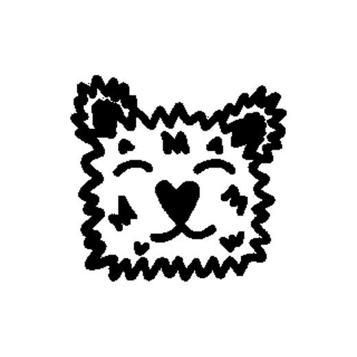 A square fluffy cat face has pointed ears, closed eyes, a heart-shaped nose and whiskers; the short marks around its cheeks and outline represent fur rather than hearts.