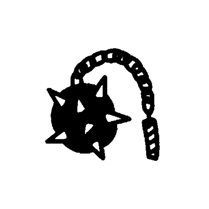 A solid black spiked mace or morning-star ball hangs from a curved segmented chain extending upward to the right.