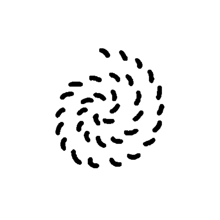 Many short thick curved black dashes scatter in a loose swirling pattern like abstract confetti or brush marks.