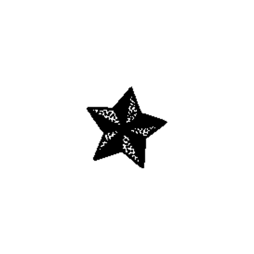 A solid black five-point starfish is textured with white speckles and short marks.