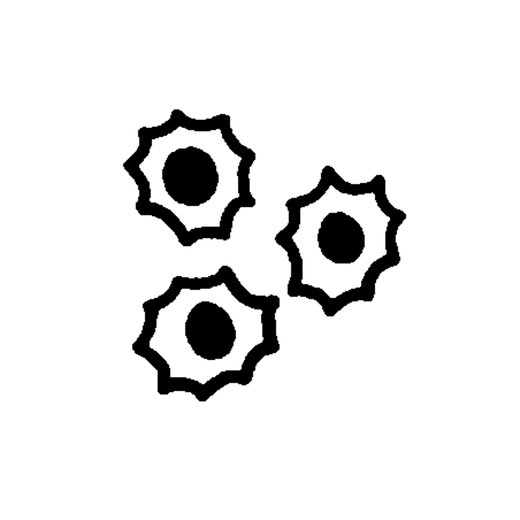 Three wavy-edged circular emblems form a triangular cluster, each with a solid black center.