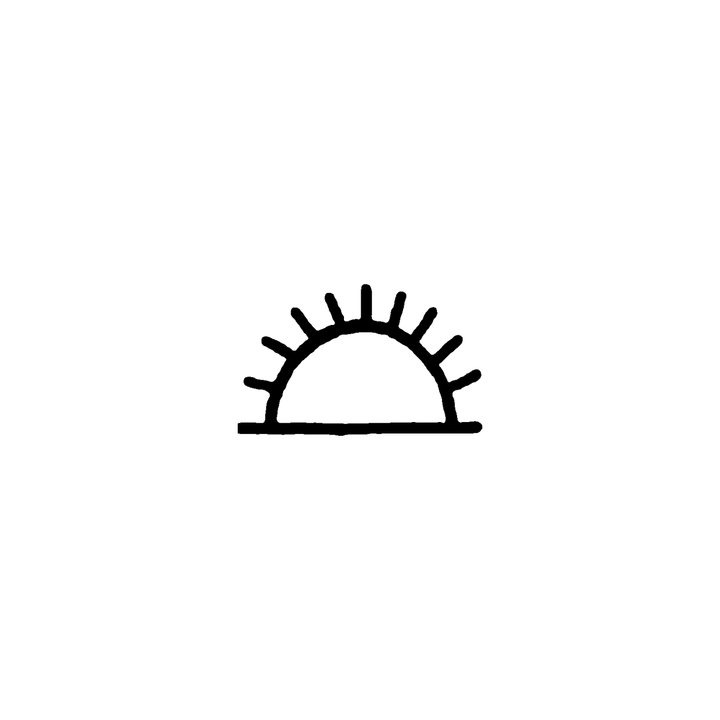 A semicircular sun rises above a horizontal line with evenly spaced short rays overhead.