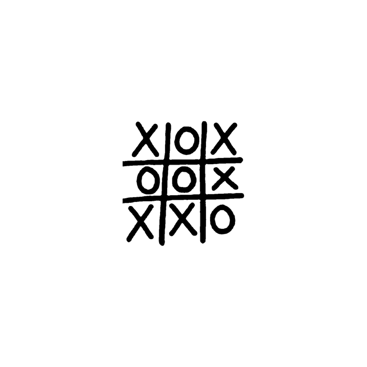 A hand-drawn tic-tac-toe grid contains X and O marks across all nine squares.