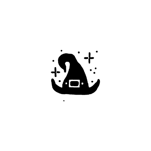 A crooked pointed witch hat has a square buckle and wide brim, surrounded by cross sparkles and dots.