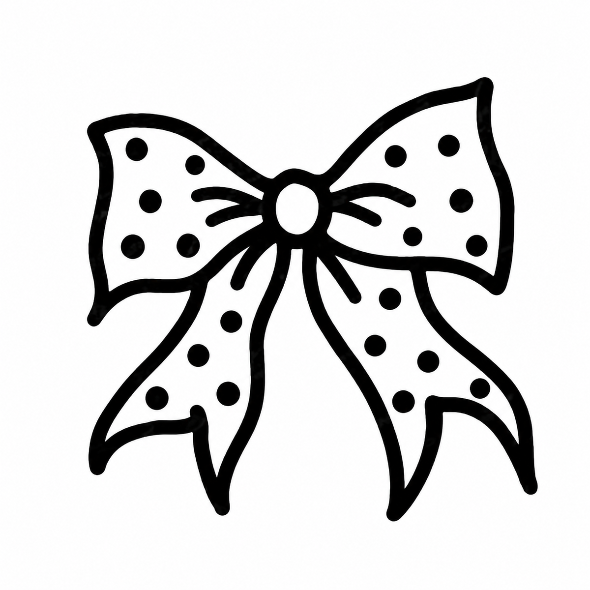 A large tied bow has polka dots across both loops and its two hanging tails.