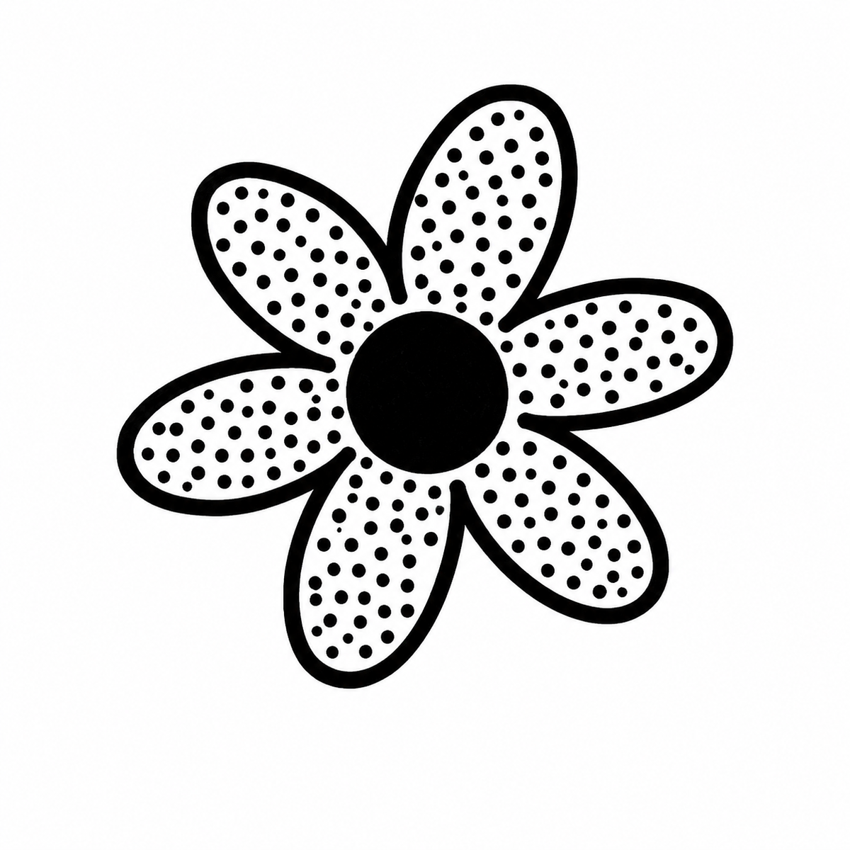 A seven-petal flower has a solid black center and evenly spaced dots inside every petal.