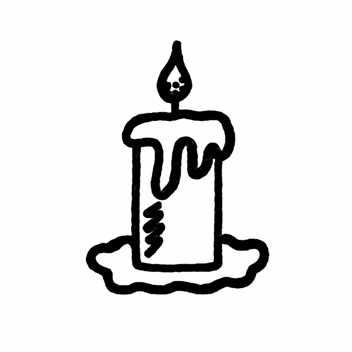 A thick burning candle has heavy wax drips running down its top and sides into a wax pool at the base; there is no skull inside the flame.