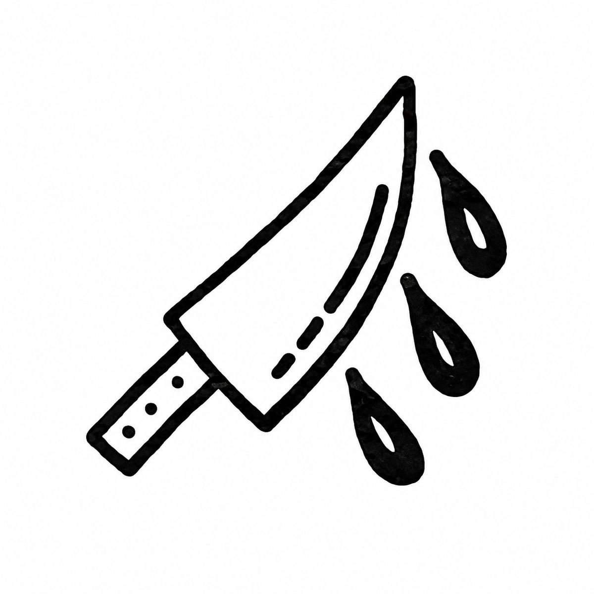 A wide-bladed cleaver angles down to the right, with dots on its handle and three dark drops falling from the blade.
