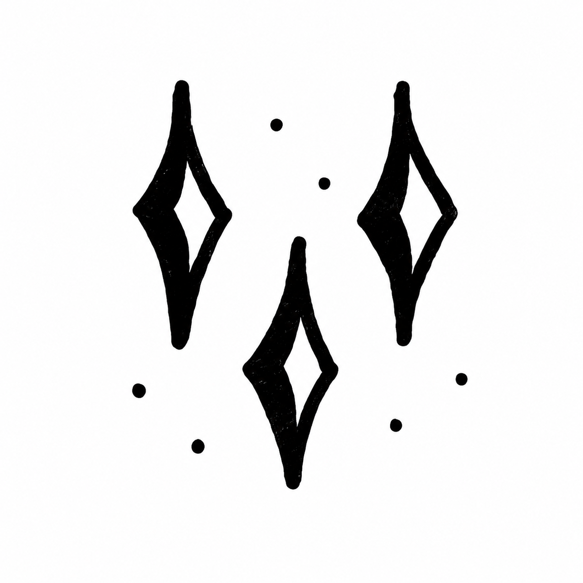 Three diamond-shaped four-point sparkles of different sizes form a triangular arrangement with six small dots scattered around them.