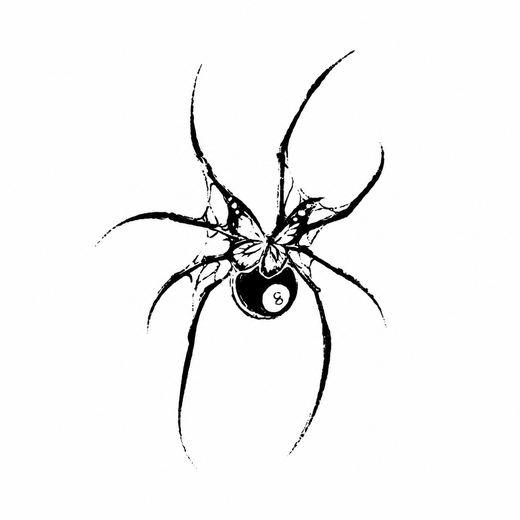 A long-legged spider carries an eight-ball-shaped abdomen marked with the number 8.