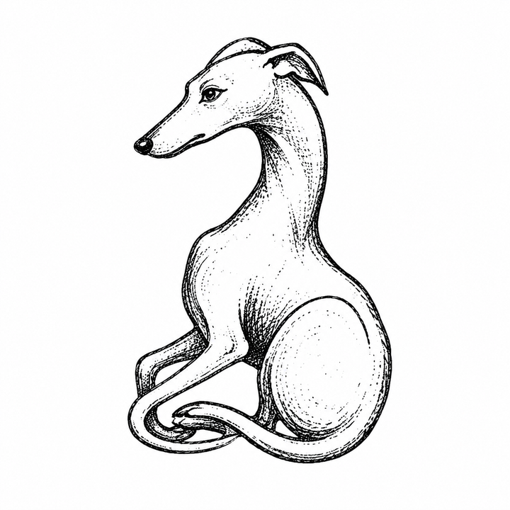 A slender greyhound-like dog sits in profile with a long neck, small head, folded ears and a curled tail.