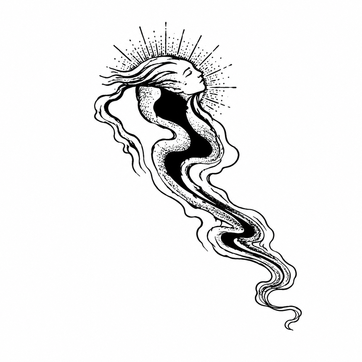 A human hand covers or steadies a small head-like form above long flowing black-and-white ribbons, with rays and wavy outlines around it.