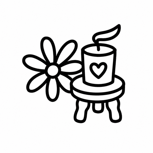 An eight-petal flower sits beside a lit candle with a heart label, placed on a small round stool.