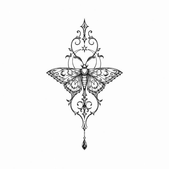 A symmetrical patterned moth spreads its wings within vertical scrollwork that ends in a teardrop jewel.