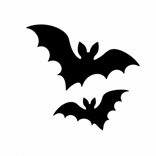 Two solid black bat silhouettes of different sizes fly at staggered heights with spread scalloped wings.