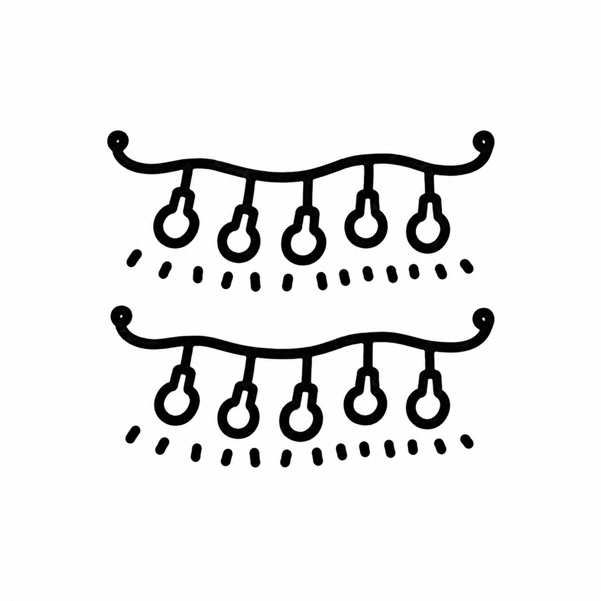 Two horizontal strings each hold five hanging bulbs with short radiating accent marks.