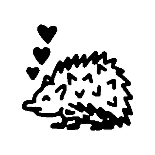A small hedgehog stands in side view with short spine marks and three solid hearts rising above its head.