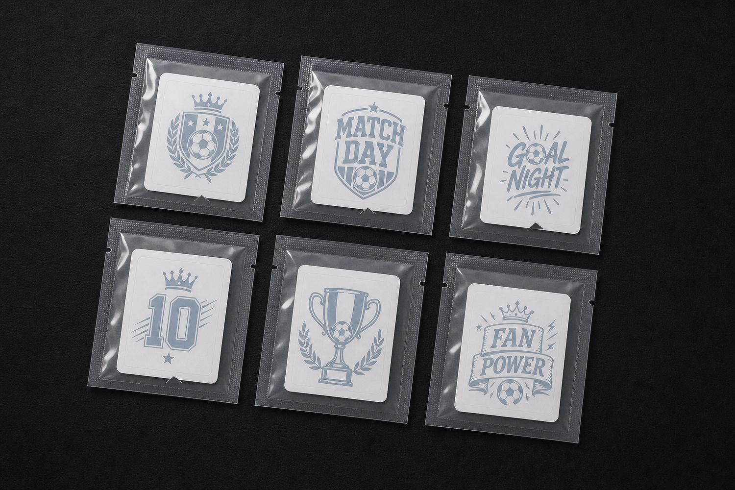 Custom World Cup temporary tattoo packs in 3x3 and 5x5 packaging